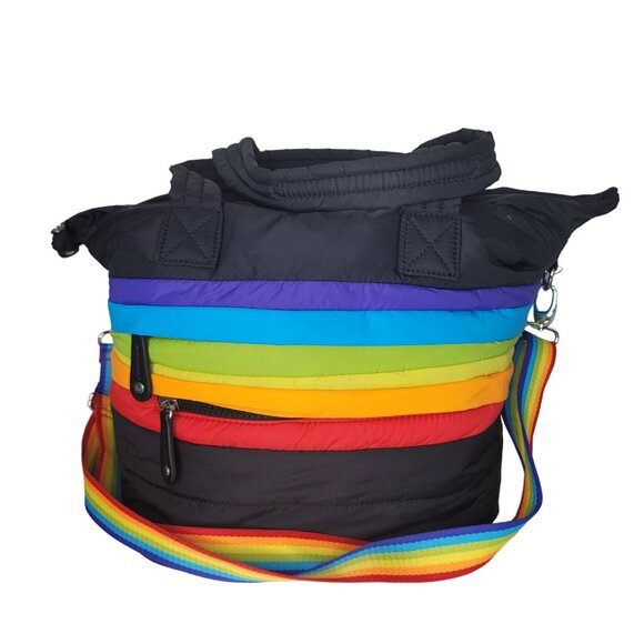 Sondra Roberts Squared Black puffer Tote Bag With Rainbow Stripes & long Strap - Picture 6 of 7